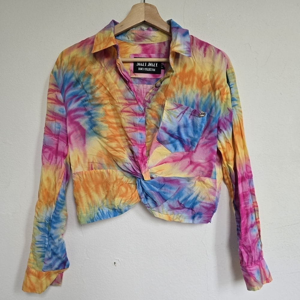 Muy Muy Fancy Tie-Dye Button-Up Cropped Colorful Shirt Size Medium - Picture 3 of 16